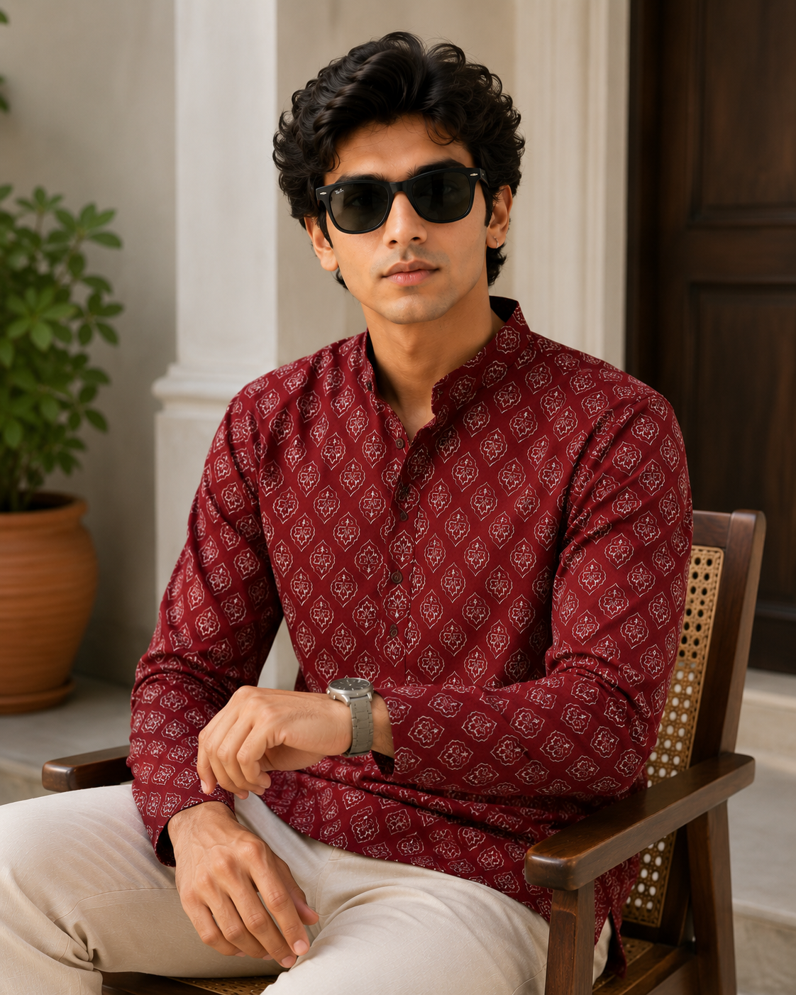 Men’s Maroon Sanganeri Print Cotton Short Kurta