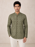 Men’s Olive Green Sanganeri Print Cotton Short Kurta