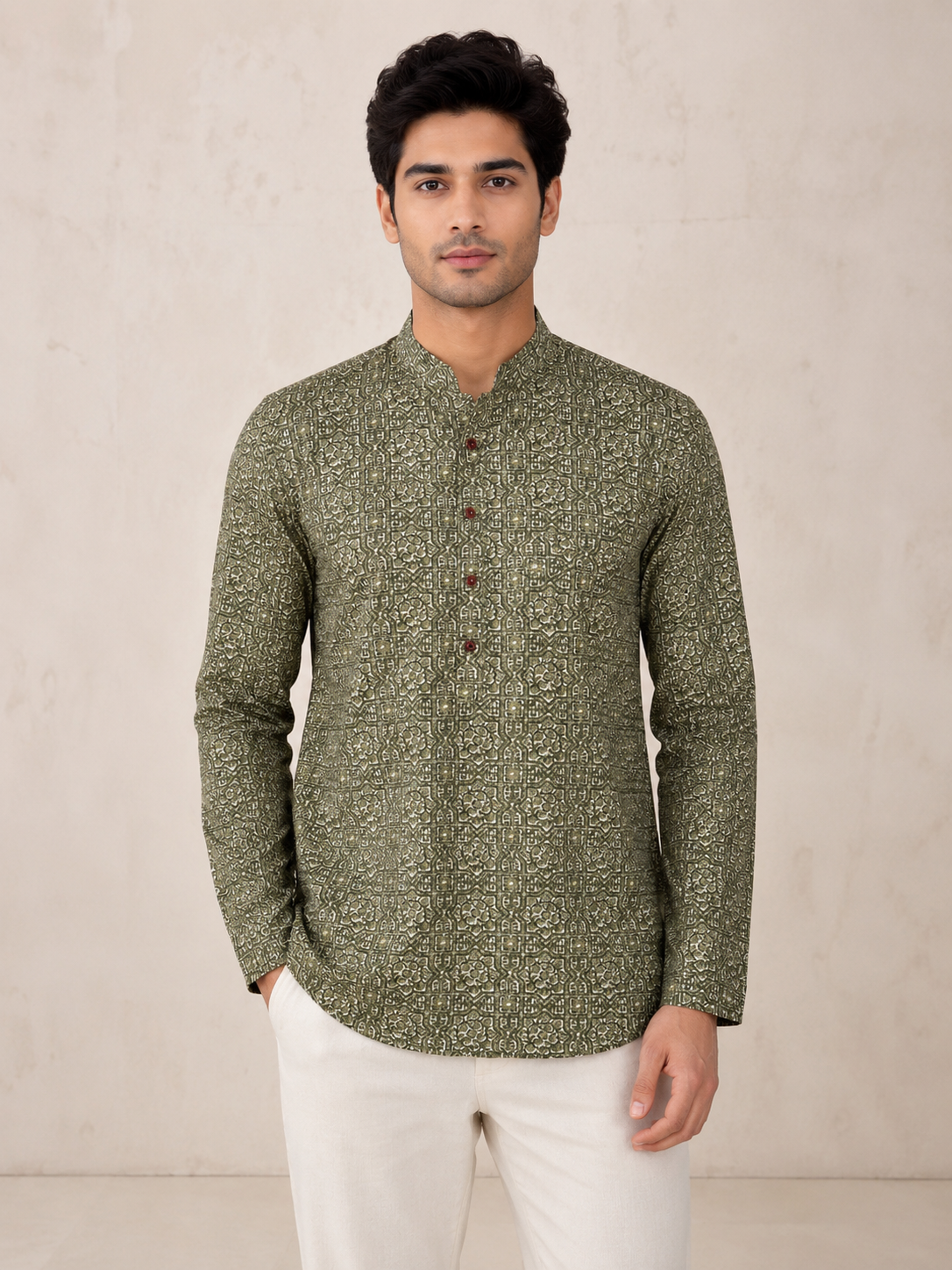 Men’s Olive Green Sanganeri Print Cotton Short Kurta