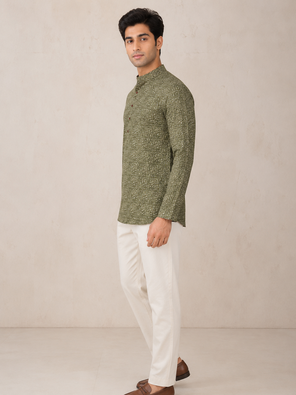 Men’s Olive Green Sanganeri Print Cotton Short Kurta