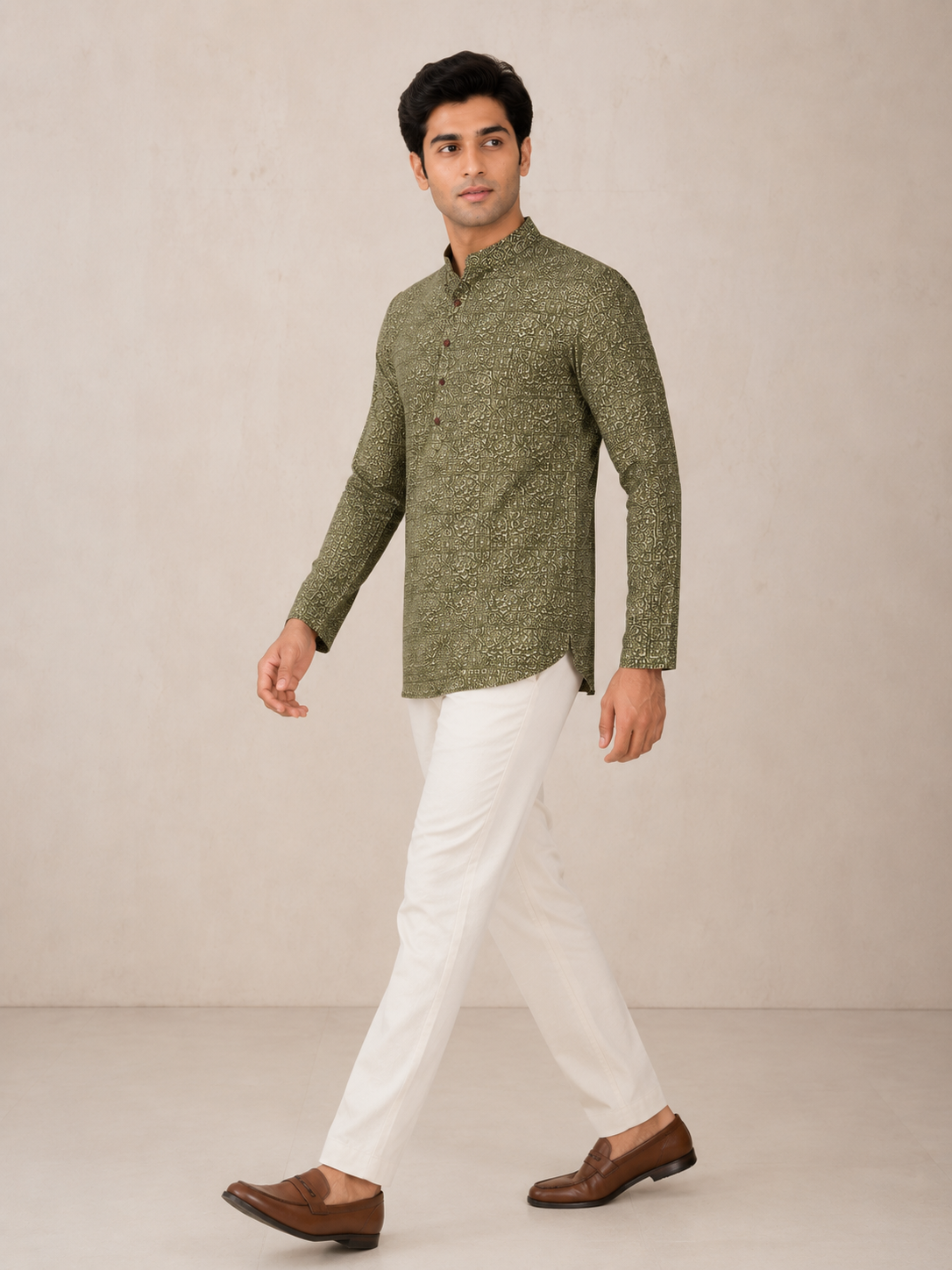 Men’s Olive Green Sanganeri Print Cotton Short Kurta