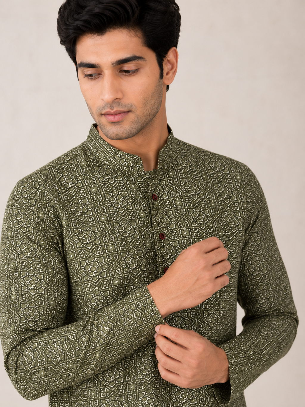 Men’s Olive Green Sanganeri Print Cotton Short Kurta