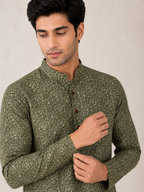 Men’s Olive Green Sanganeri Print Cotton Short Kurta