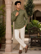 Men’s Olive Green Sanganeri Print Cotton Short Kurta