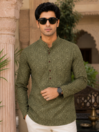 Men’s Olive Green Sanganeri Print Cotton Short Kurta