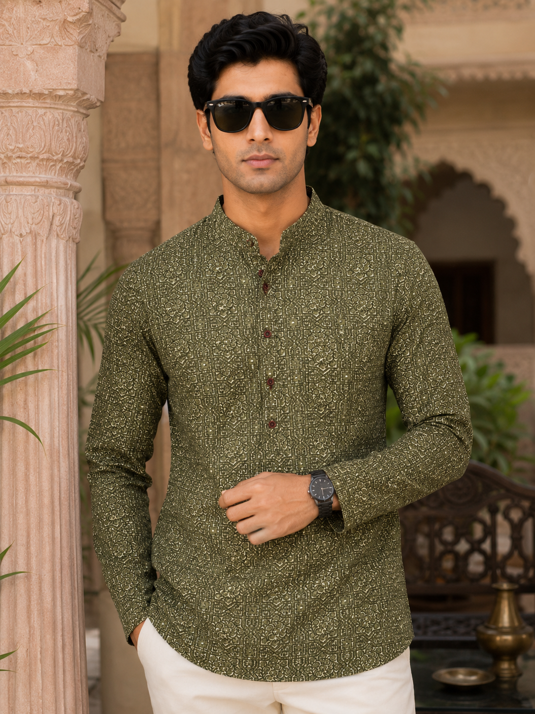 Men’s Olive Green Sanganeri Print Cotton Short Kurta