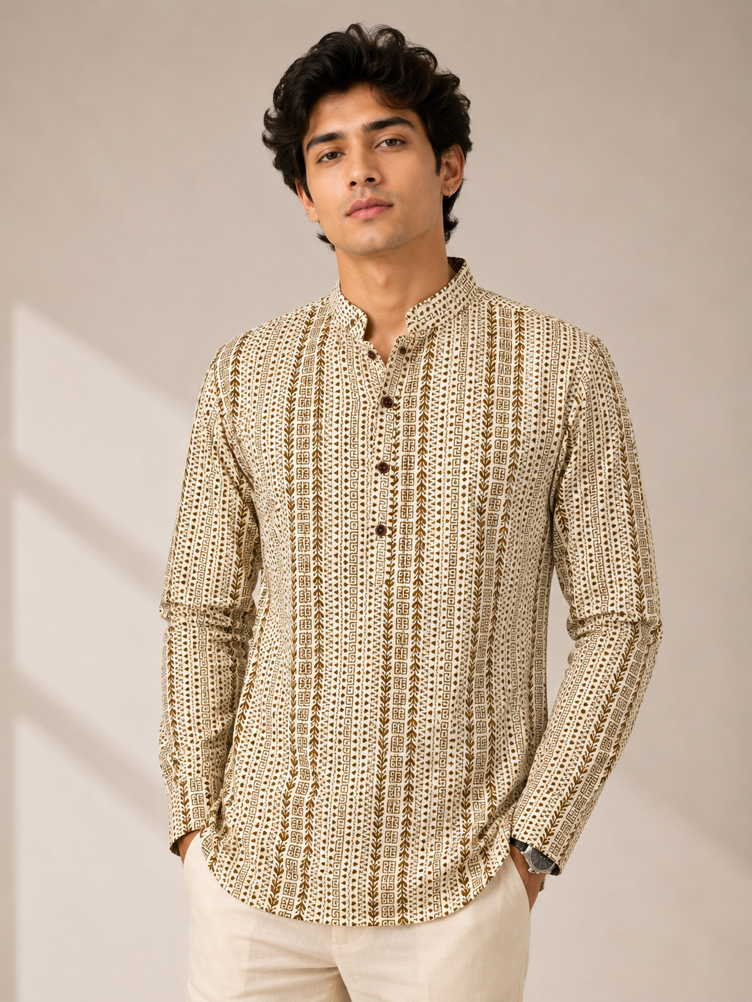 Men’s Beige Sanganeri Print Cotton Short Kurta