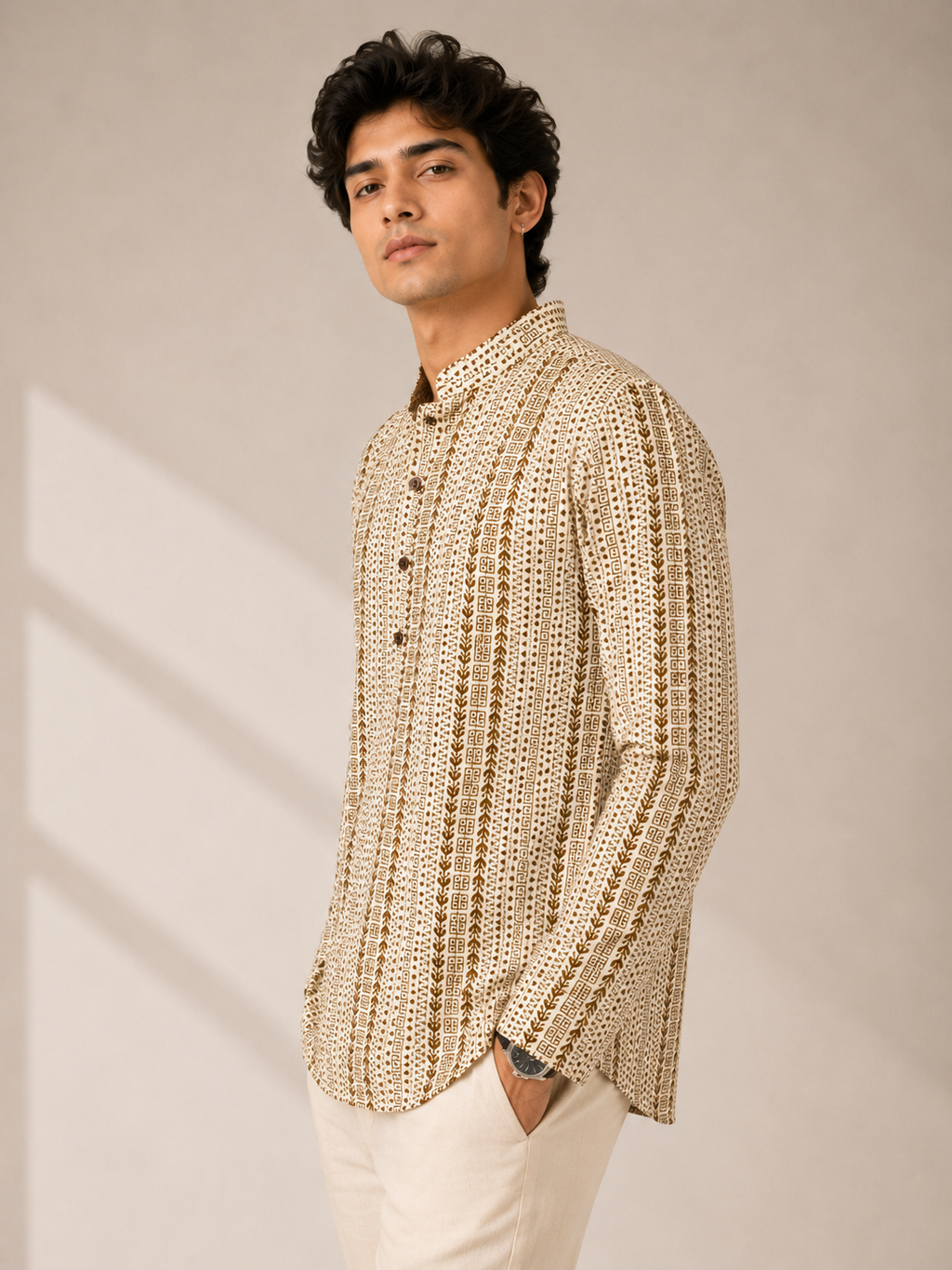 Men’s Beige Sanganeri Print Cotton Short Kurta