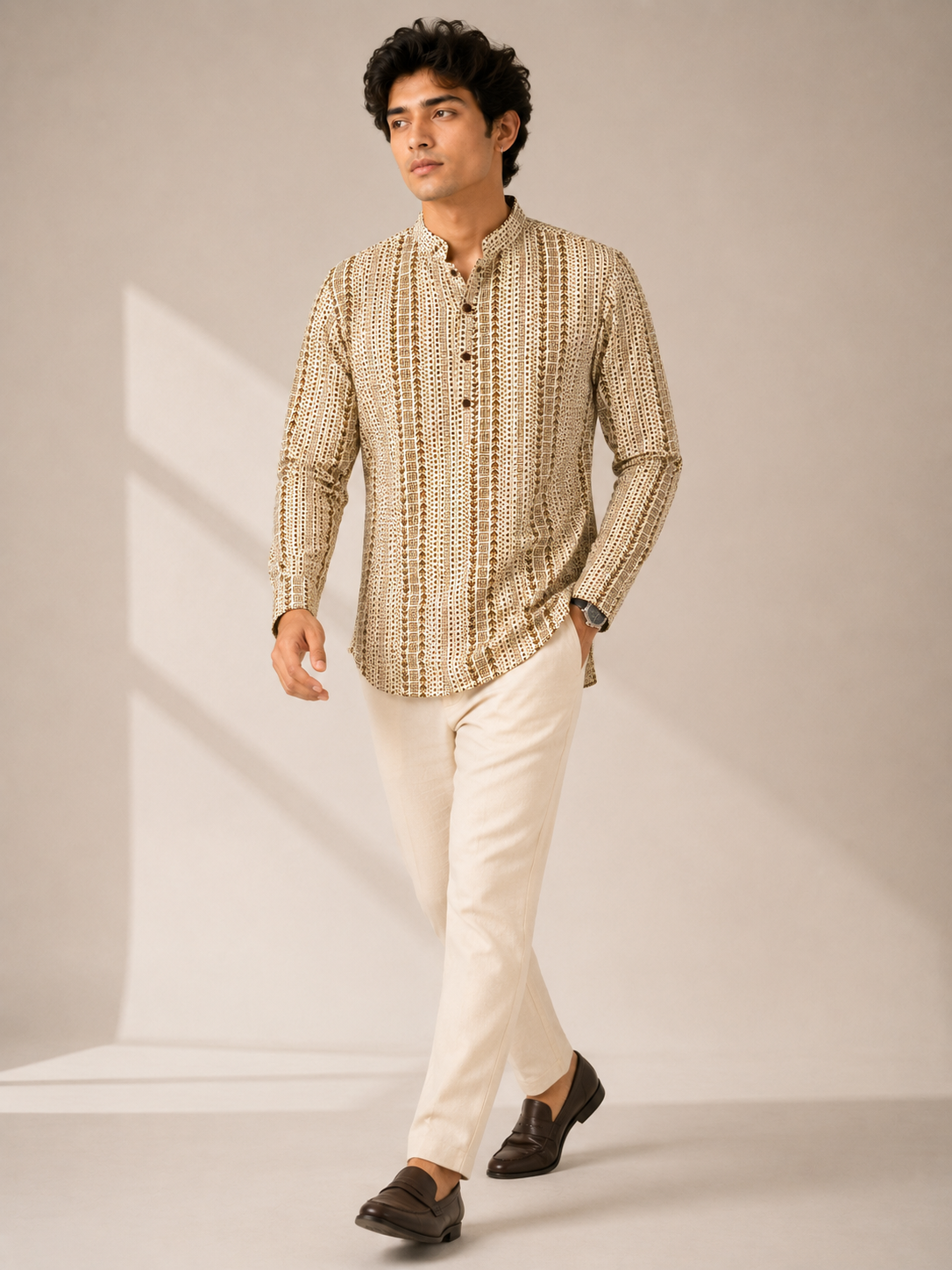 Men’s Beige Sanganeri Print Cotton Short Kurta