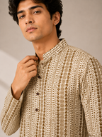 Men’s Beige Sanganeri Print Cotton Short Kurta