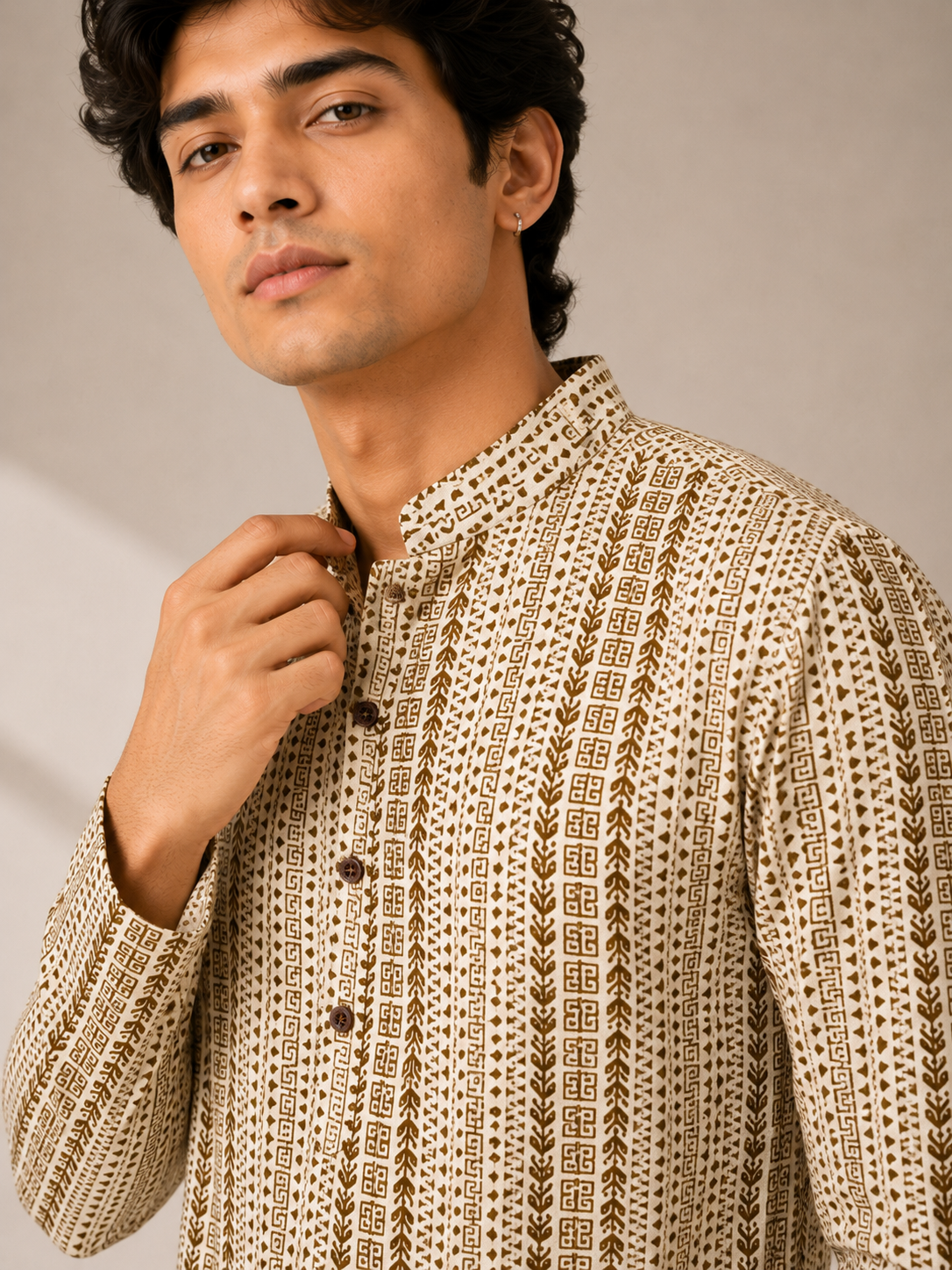 Men’s Beige Sanganeri Print Cotton Short Kurta