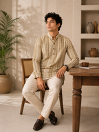 Men’s Beige Sanganeri Print Cotton Short Kurta