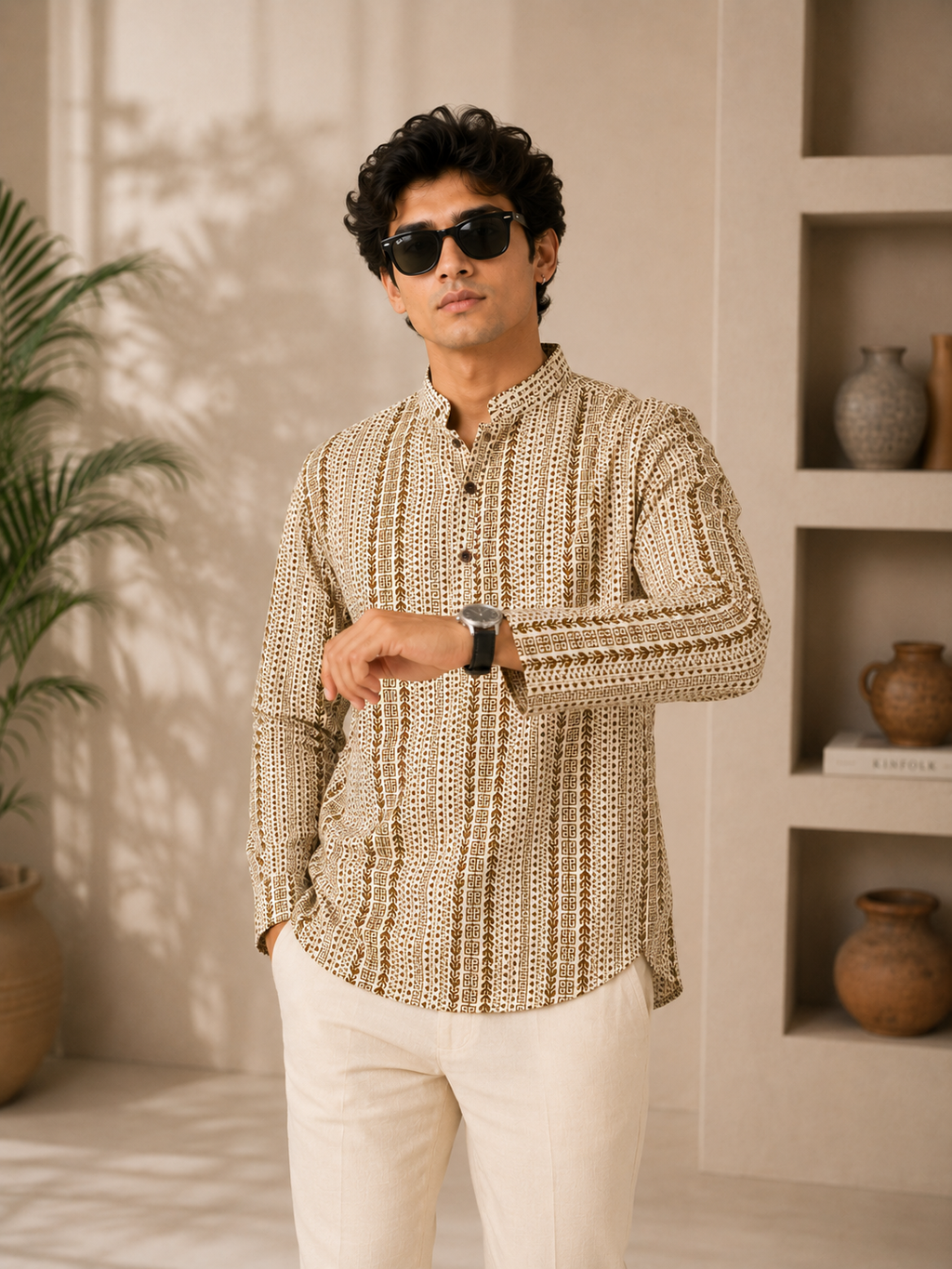 Men’s Beige Sanganeri Print Cotton Short Kurta
