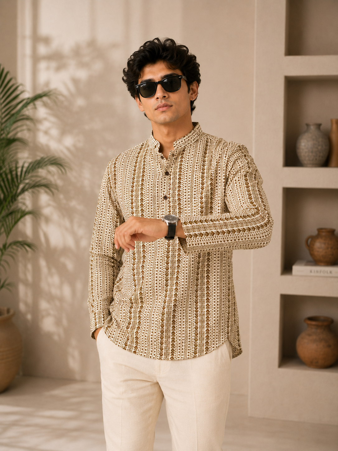 Men’s Beige Sanganeri Print Cotton Short Kurta