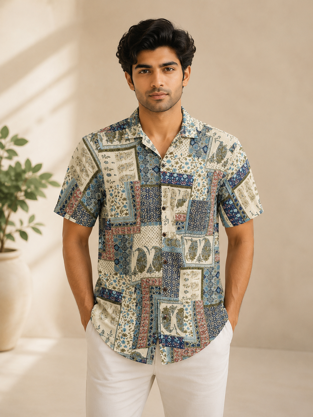 Men’s Patchwork Sanganeri Print Half Sleeve Casual Shirt