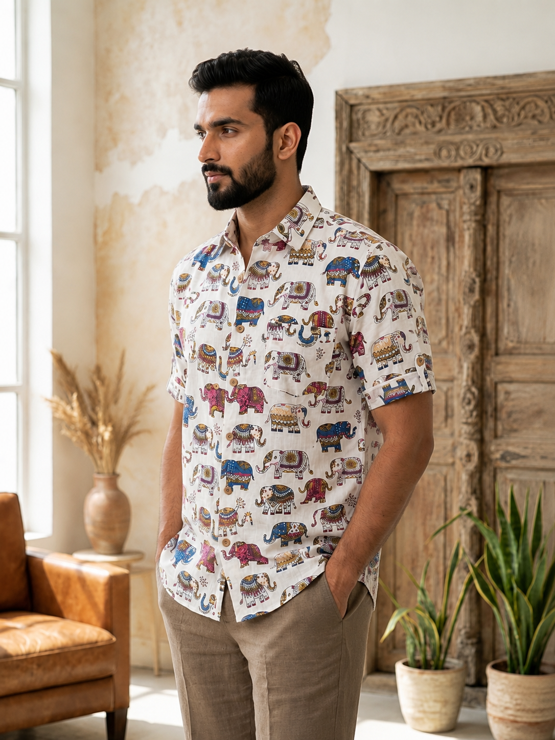 Men’s White Sanganeri Print Half Sleeve Casual Shirt