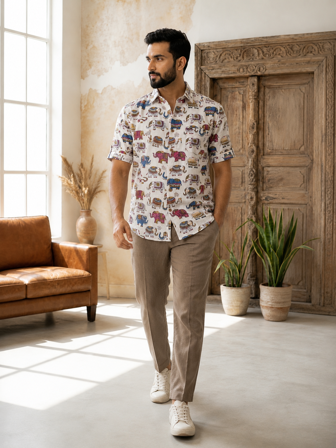 Men’s White Sanganeri Print Half Sleeve Casual Shirt