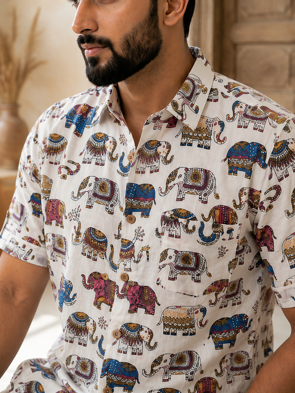 Men’s White Sanganeri Print Half Sleeve Casual Shirt