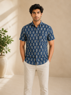 Men’s Blue Sanganeri Print Half Sleeve Casual Shirt