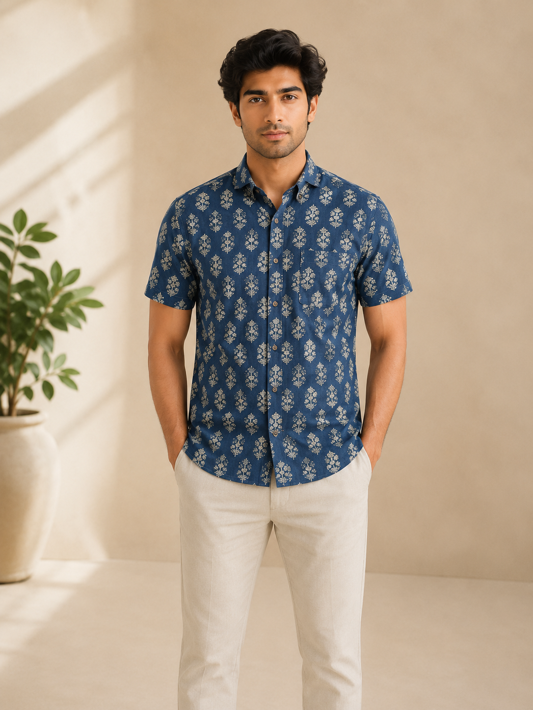 Men’s Blue Sanganeri Print Half Sleeve Casual Shirt