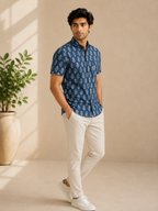 Men’s Blue Sanganeri Print Half Sleeve Casual Shirt