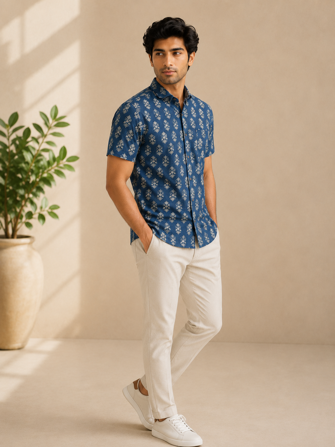 Men’s Blue Sanganeri Print Half Sleeve Casual Shirt