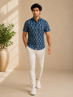 Men’s Blue Sanganeri Print Half Sleeve Casual Shirt