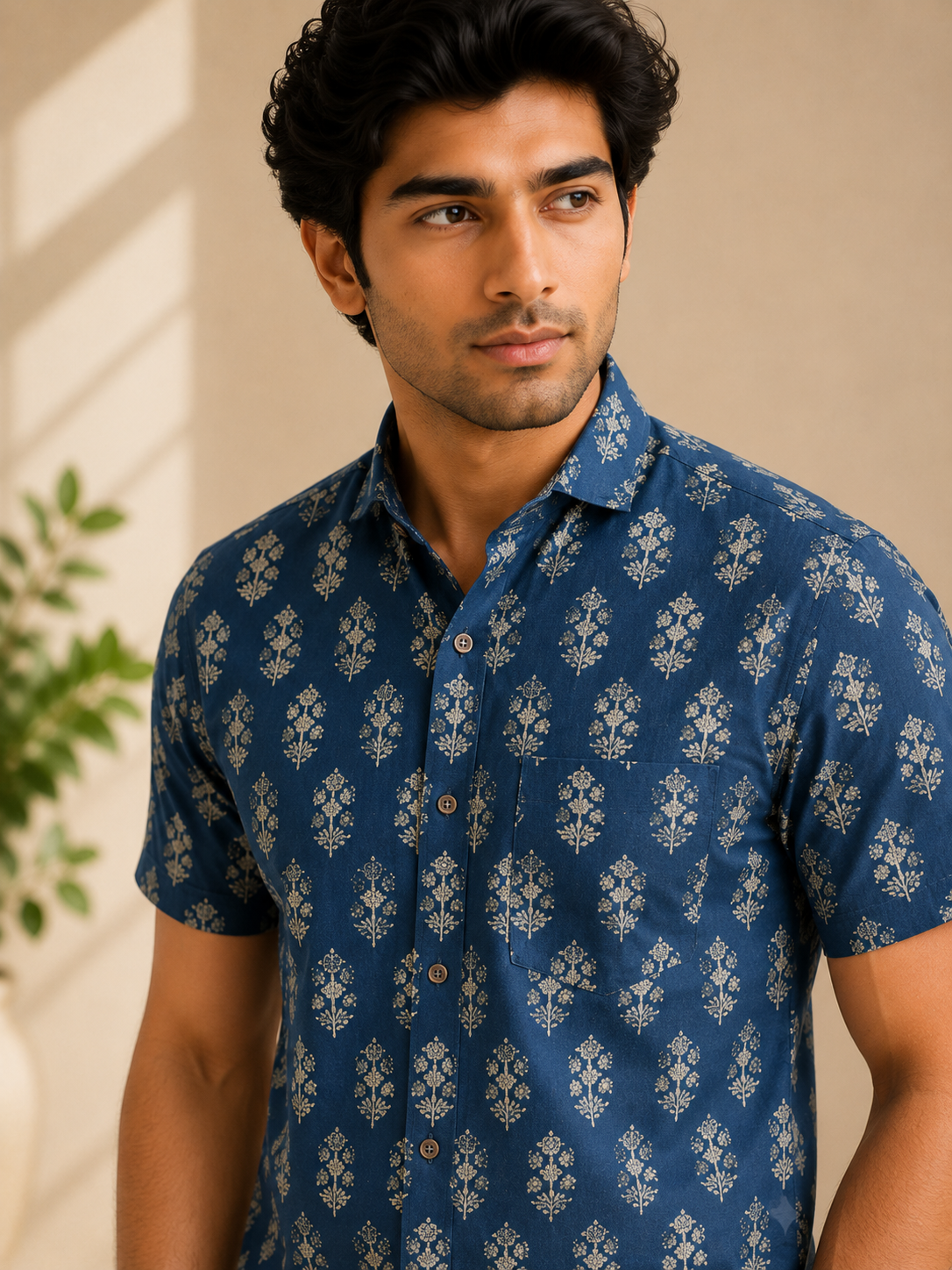 Men’s Blue Sanganeri Print Half Sleeve Casual Shirt