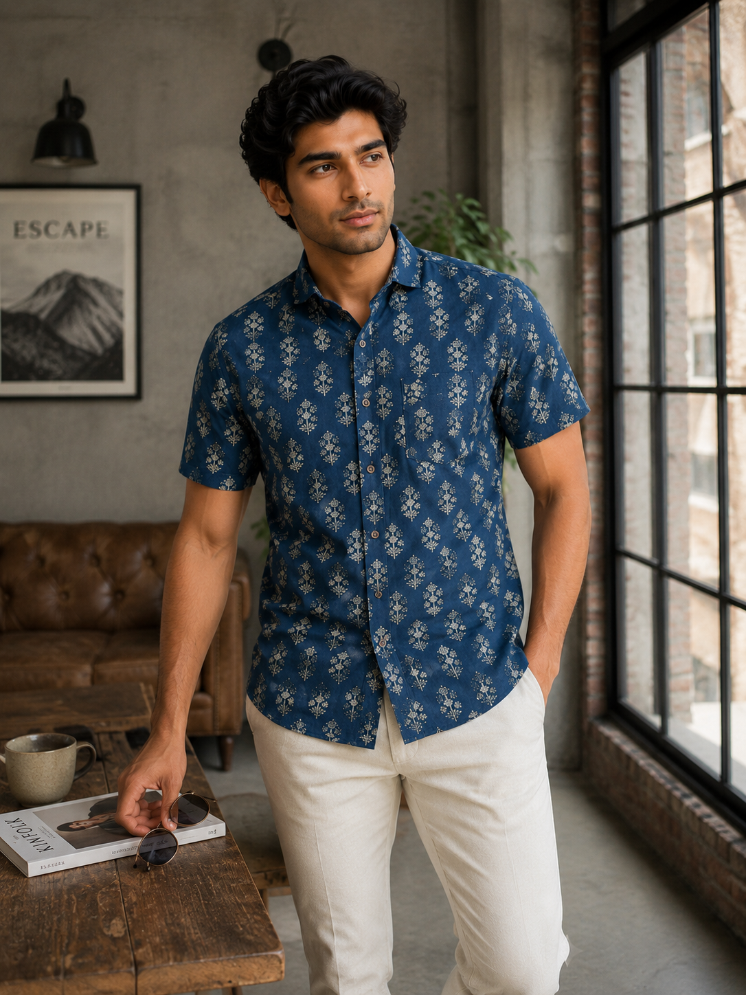Men’s Blue Sanganeri Print Half Sleeve Casual Shirt