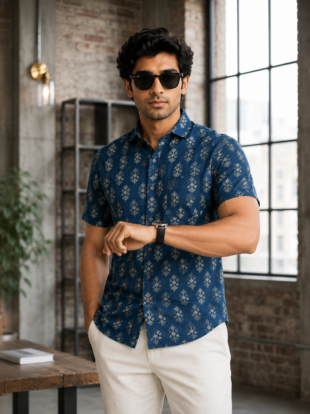 Men’s Blue Sanganeri Print Half Sleeve Casual Shirt