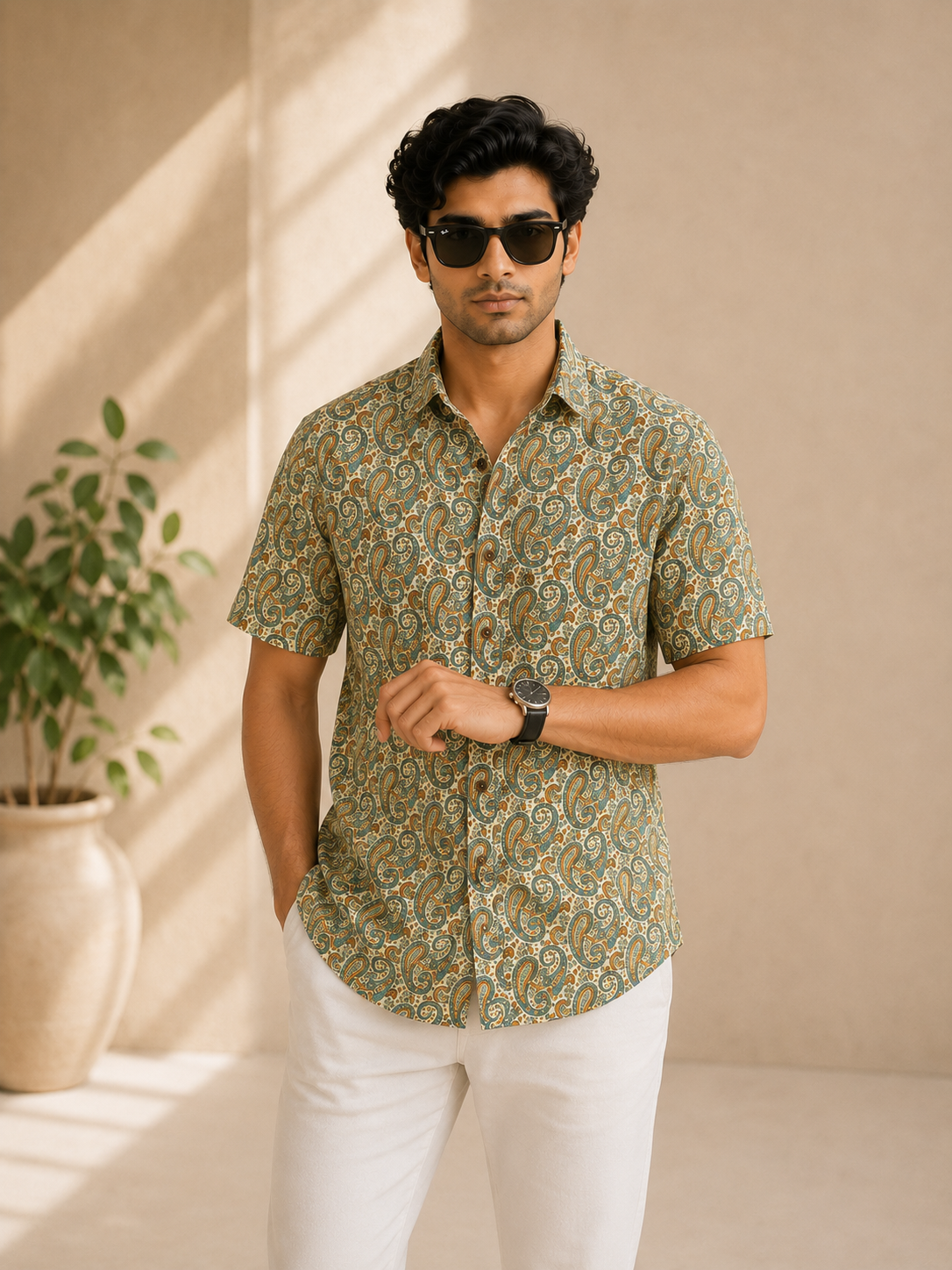 Men’s Paisley Sanganeri Print Half Sleeve Casual Shirt