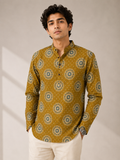 Men’s Mustard Sanganeri Print Cotton Short Kurta