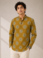 Men’s Mustard Sanganeri Print Cotton Short Kurta