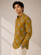 Men’s Mustard Sanganeri Print Cotton Short Kurta