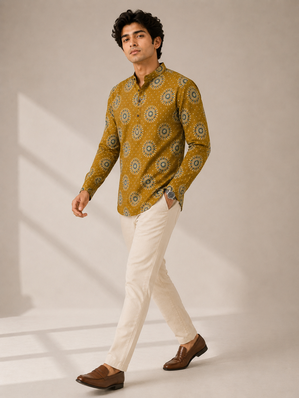 Men’s Mustard Sanganeri Print Cotton Short Kurta