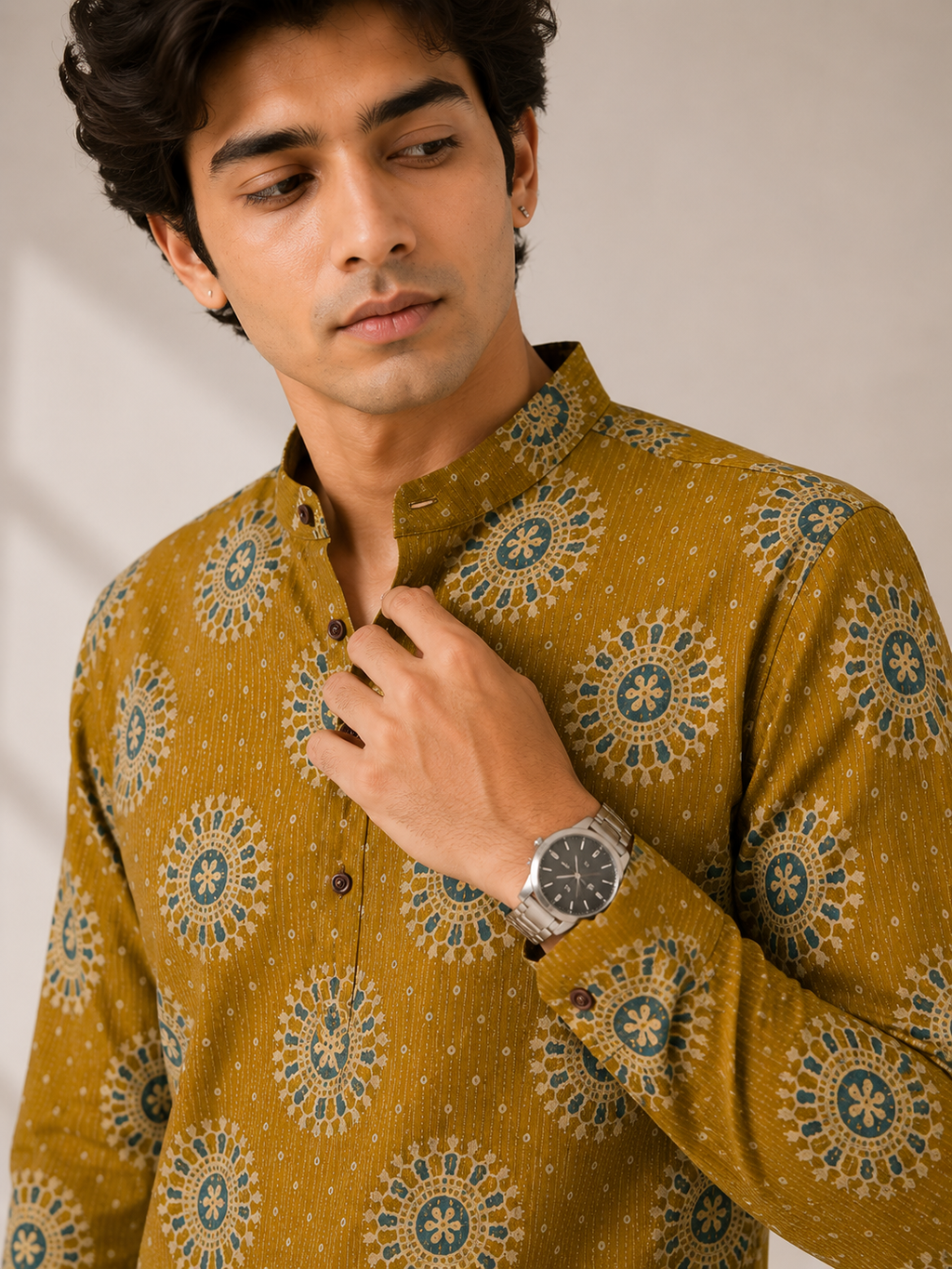 Men’s Mustard Sanganeri Print Cotton Short Kurta