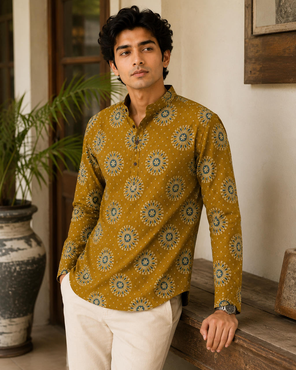 Men’s Mustard Sanganeri Print Cotton Short Kurta