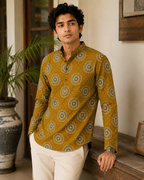 Men’s Mustard Sanganeri Print Cotton Short Kurta