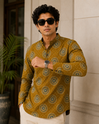 Men’s Mustard Sanganeri Print Cotton Short Kurta
