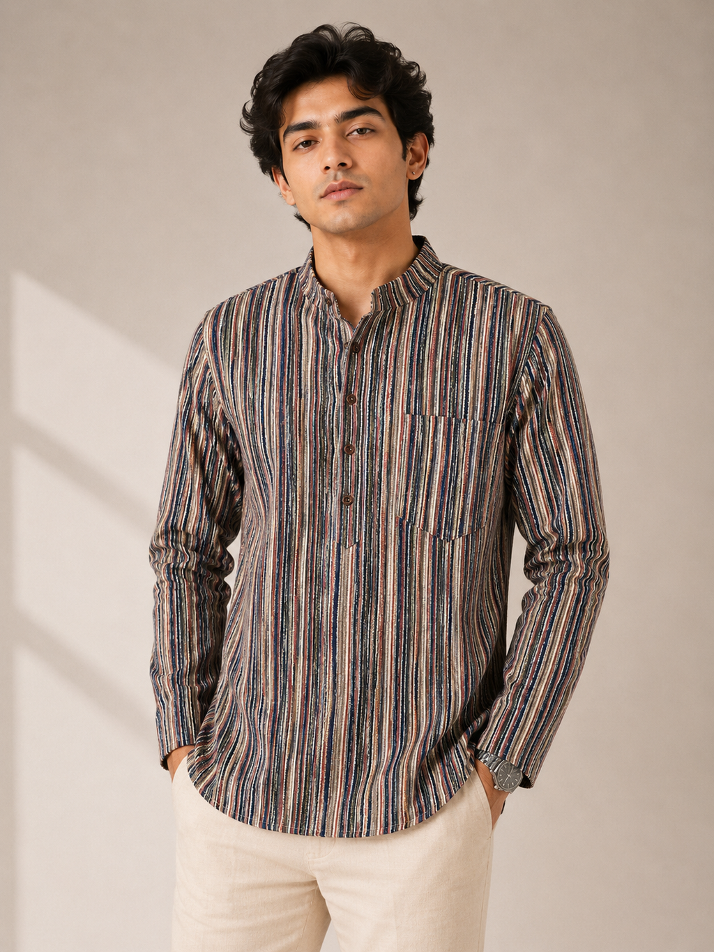 Men’s Multistripe Sanganeri Print Cotton Short Kurta