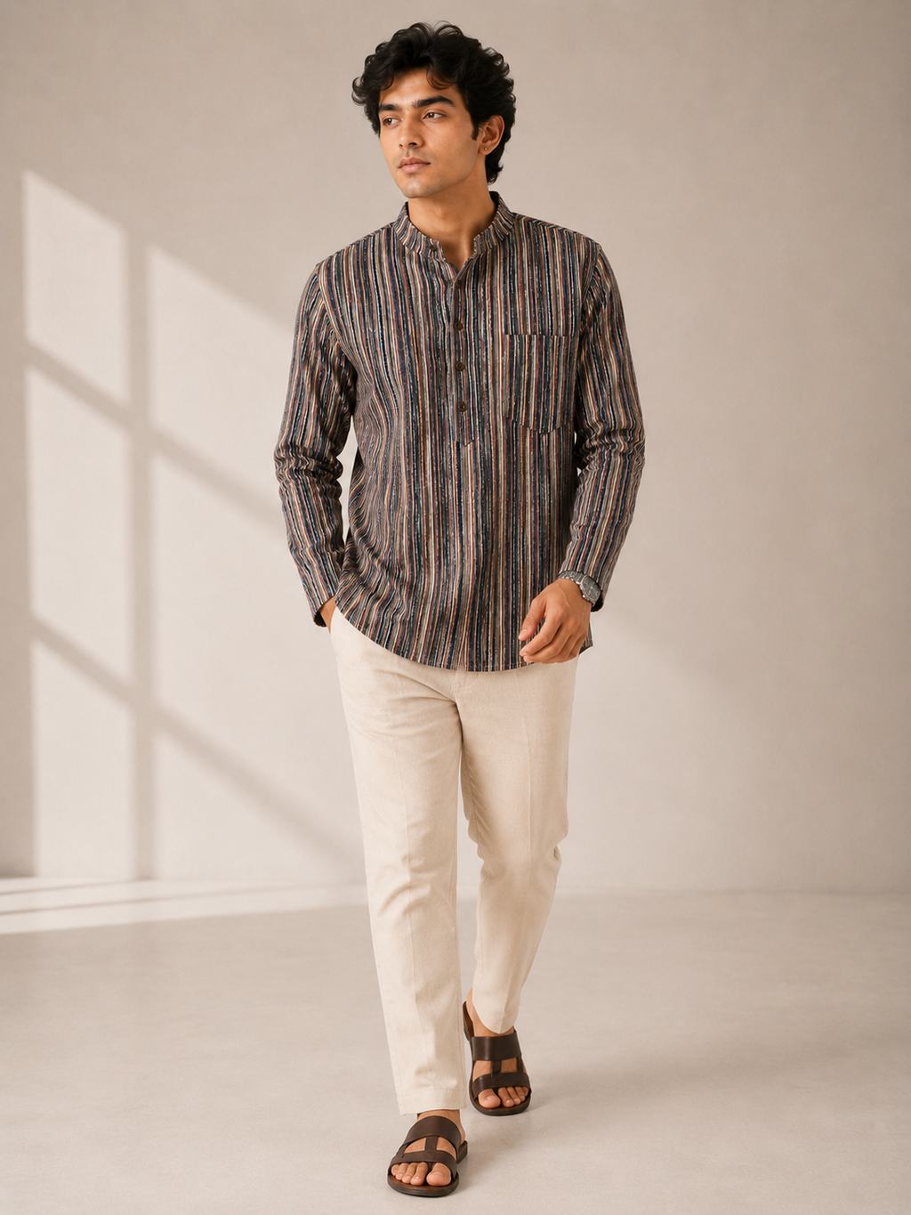Men’s Multistripe Sanganeri Print Cotton Short Kurta