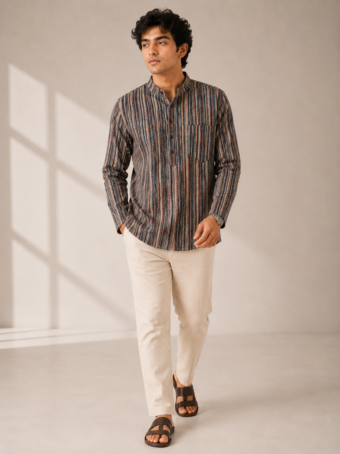Men’s Multistripe Sanganeri Print Cotton Short Kurta