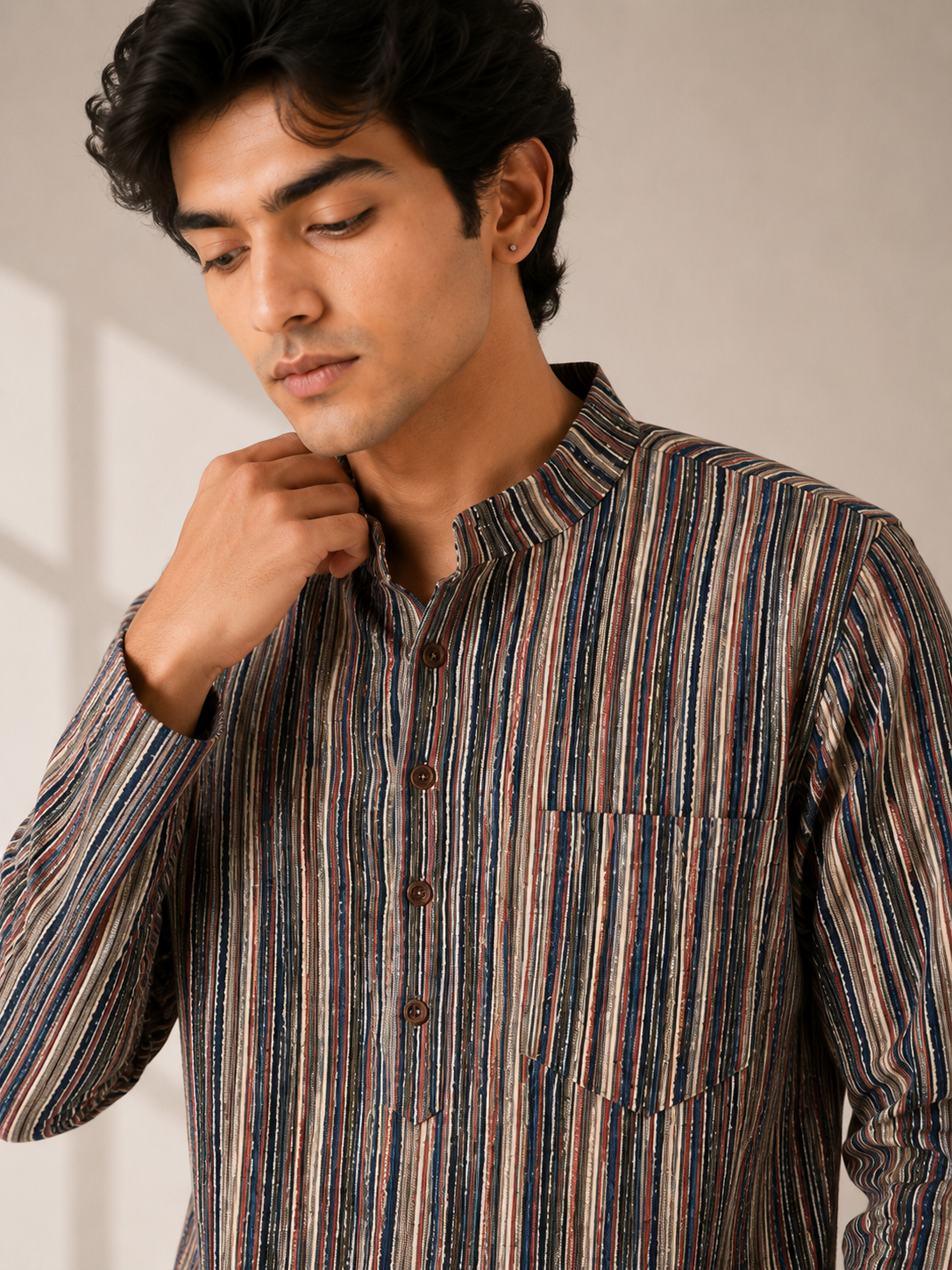 Men’s Multistripe Sanganeri Print Cotton Short Kurta