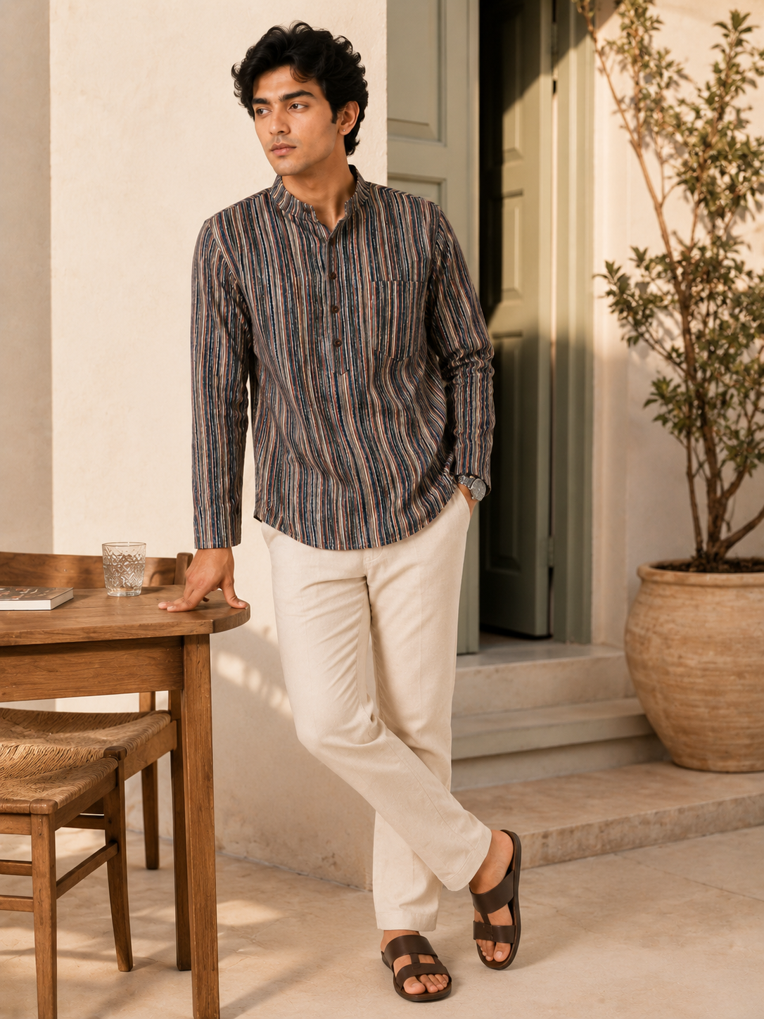Men’s Multistripe Sanganeri Print Cotton Short Kurta