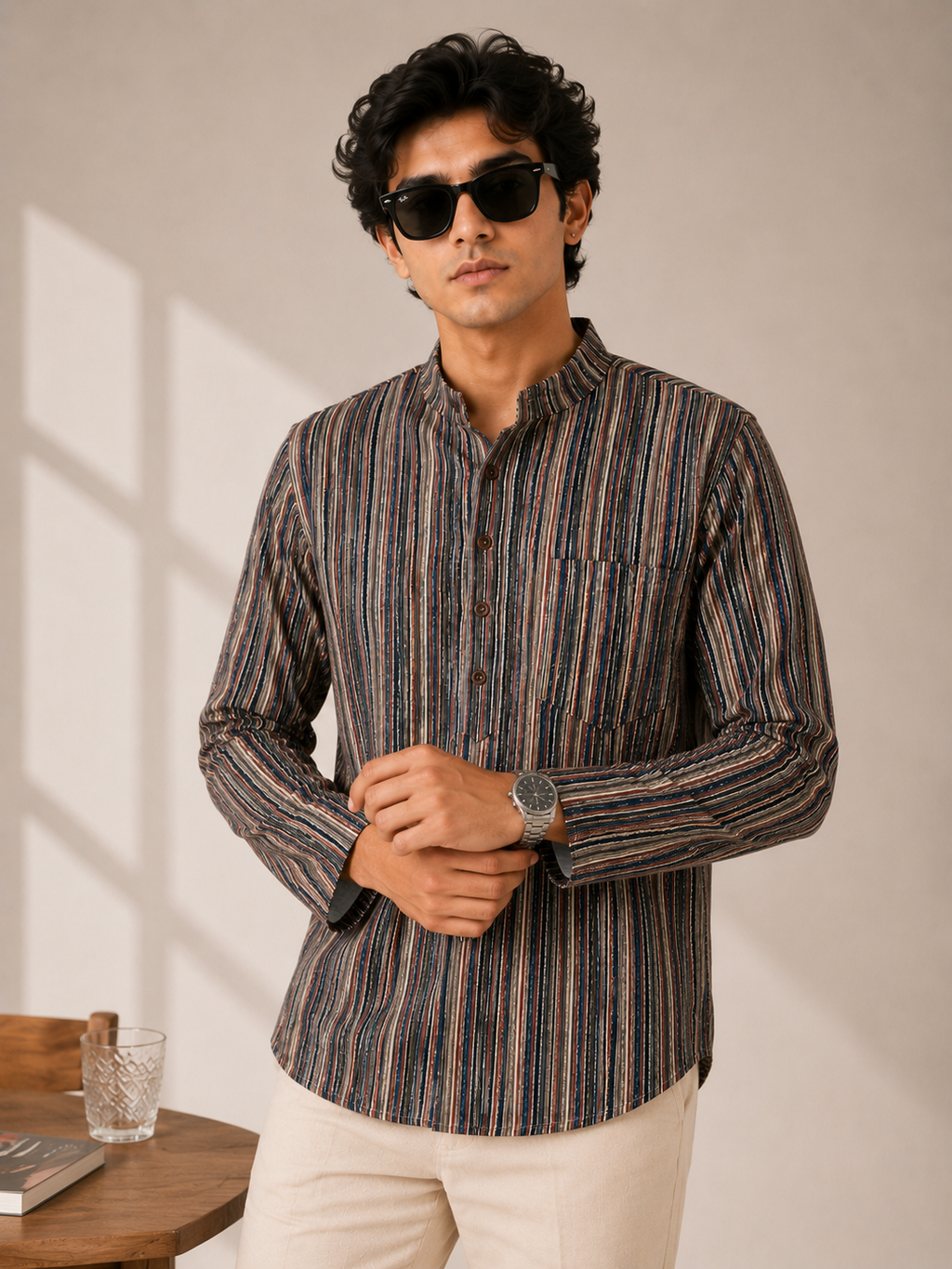 Men’s Multistripe Sanganeri Print Cotton Short Kurta