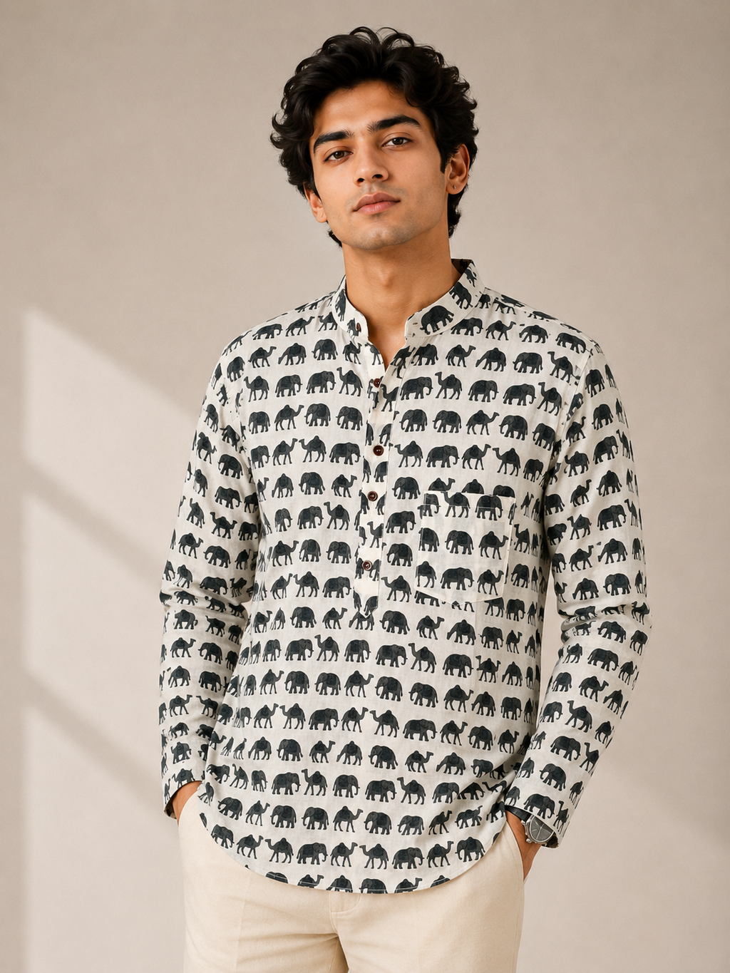 Men’s Ivory Sanganeri Print Cotton Short Kurta