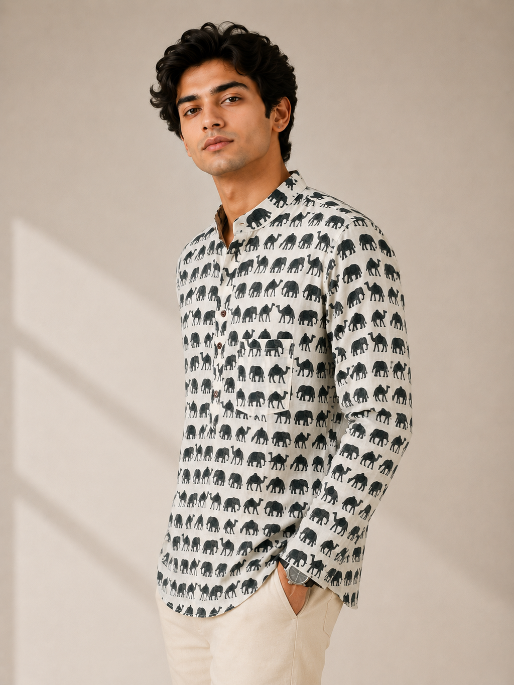 Men’s Ivory Sanganeri Print Cotton Short Kurta