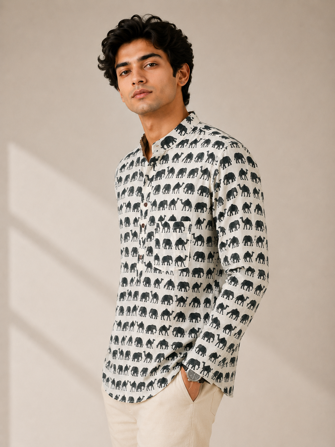 Men’s Ivory Sanganeri Print Cotton Short Kurta