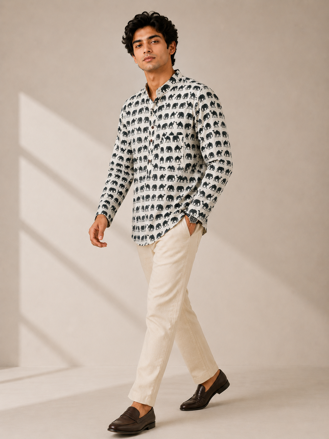 Men’s Ivory Sanganeri Print Cotton Short Kurta