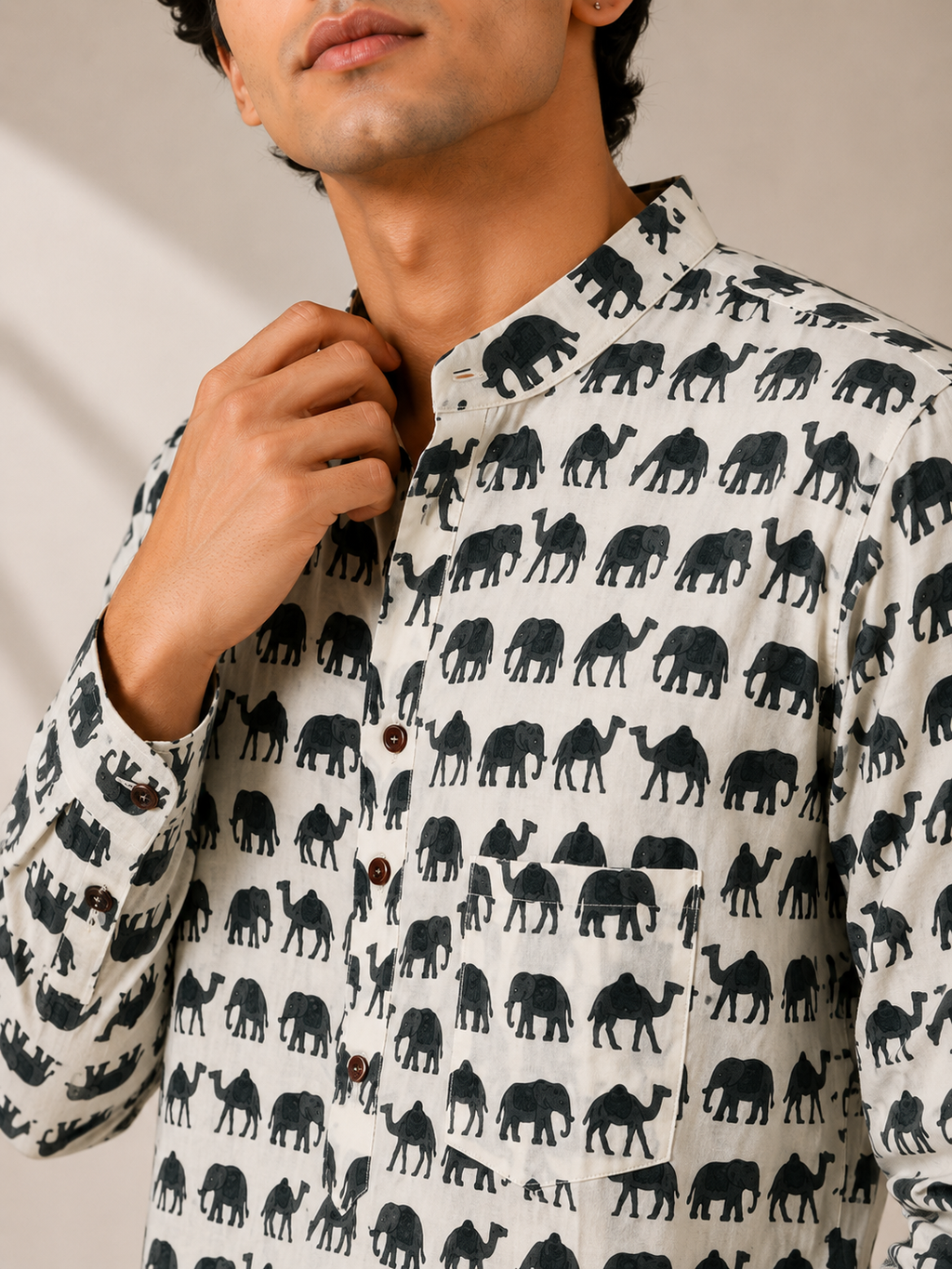 Men’s Ivory Sanganeri Print Cotton Short Kurta